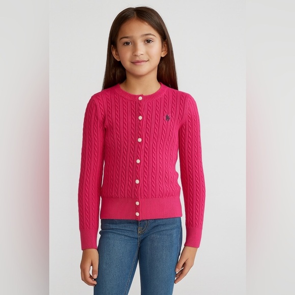 Polo Ralph Lauren Pink Cable Knit Cardigan Size L (12–14) Cotton Logo Sweater - Picture 1 of 11